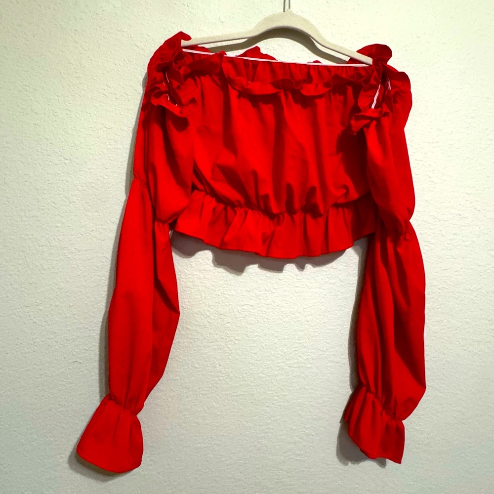 Bold Red Ruffle Crop Top Off the shoulder long sleeve top